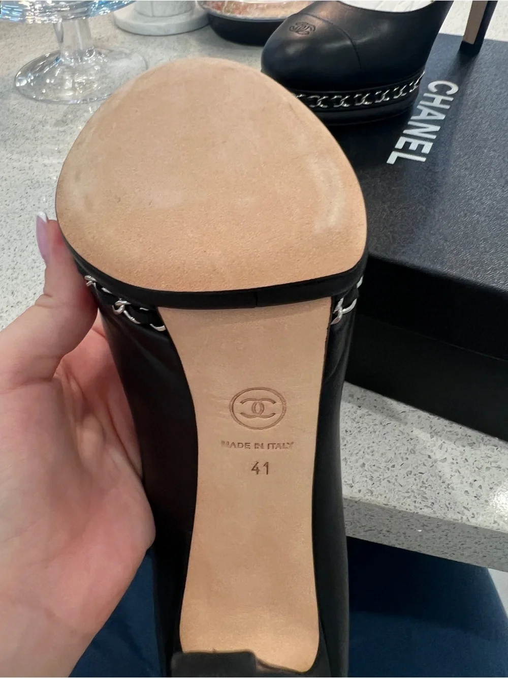 CHANEL Black Leather Cap-Toe Chain Platform Pumps